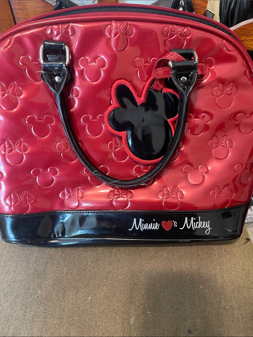 Disney Red Patent Satchel with Black Trim and Minnie Applique
